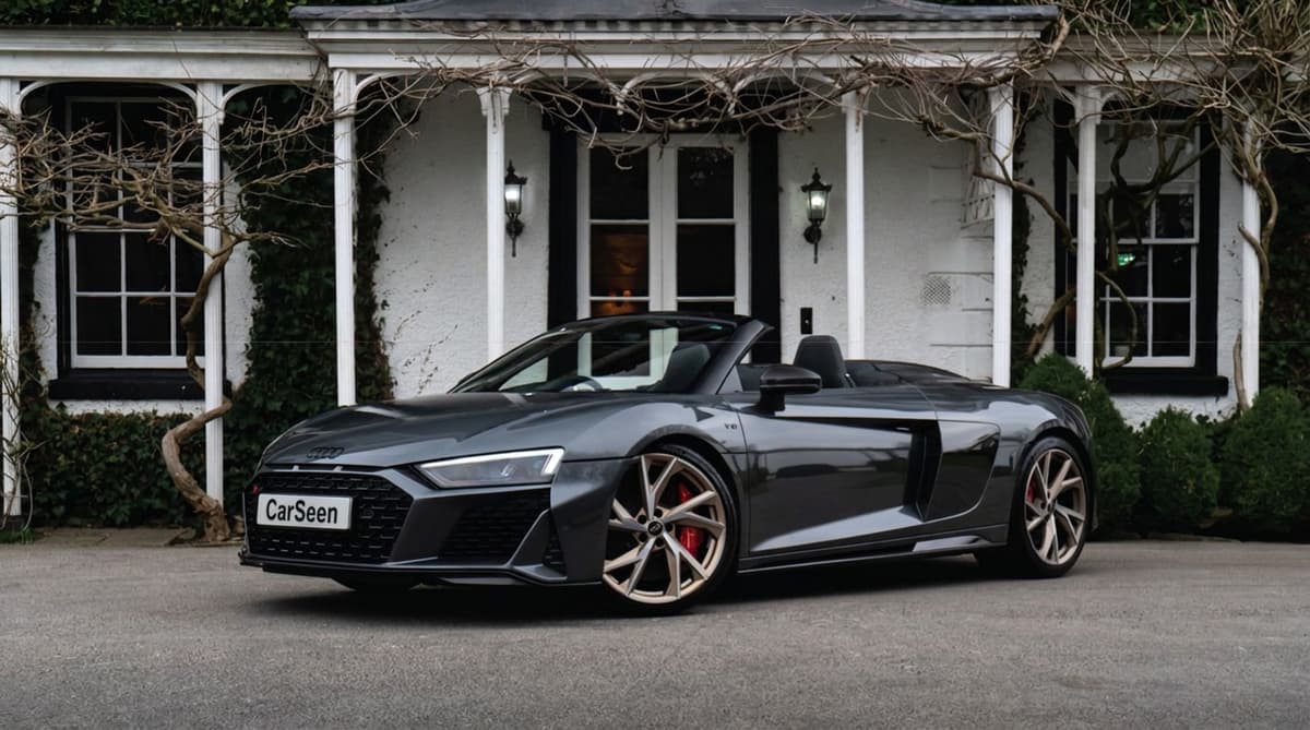Grey Audi R8 Spyder with CarSeen registration outside a white-columned country house