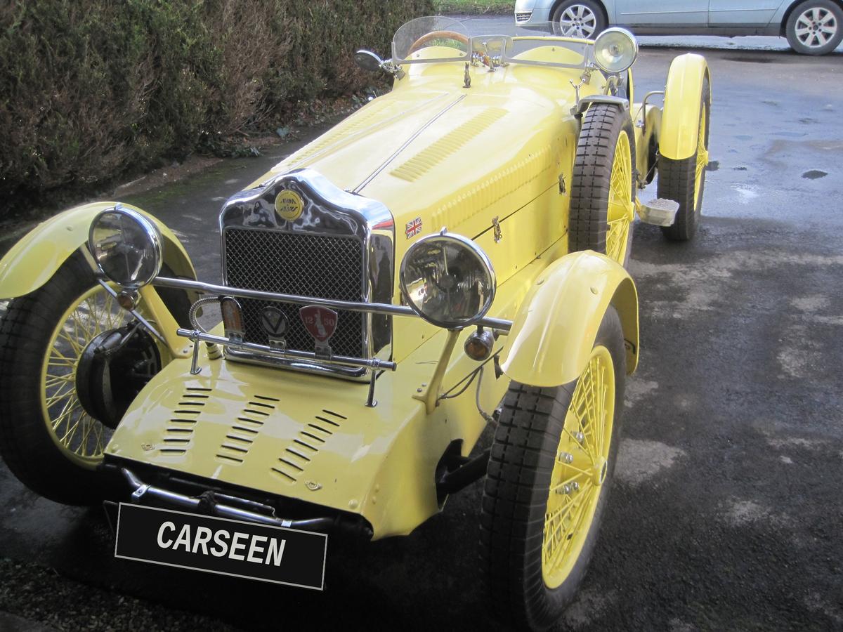 Yellow vintage Alvis 12/50 two-seater with Avon body, cycle wings and CarSeen plate