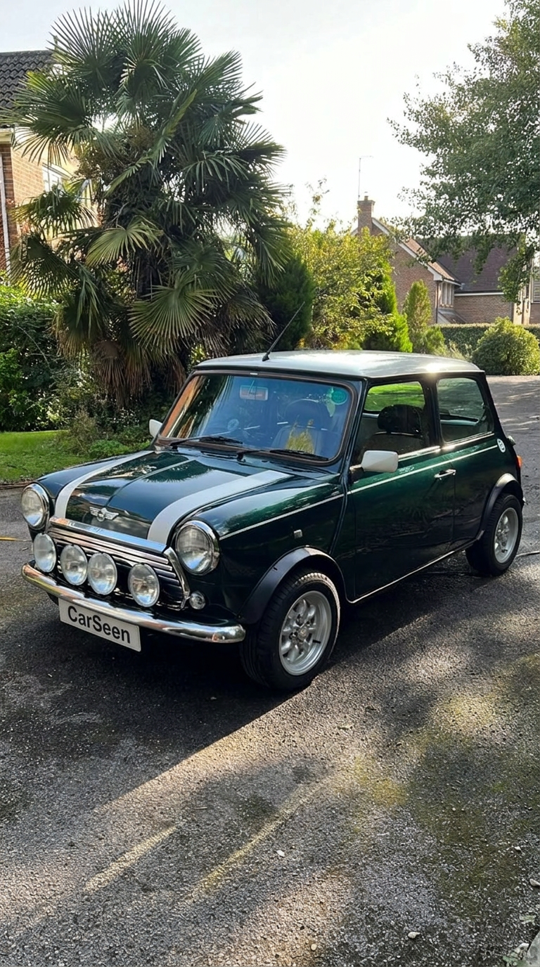 Dark green Mini Cooper with white bonnet stripe and spotlights