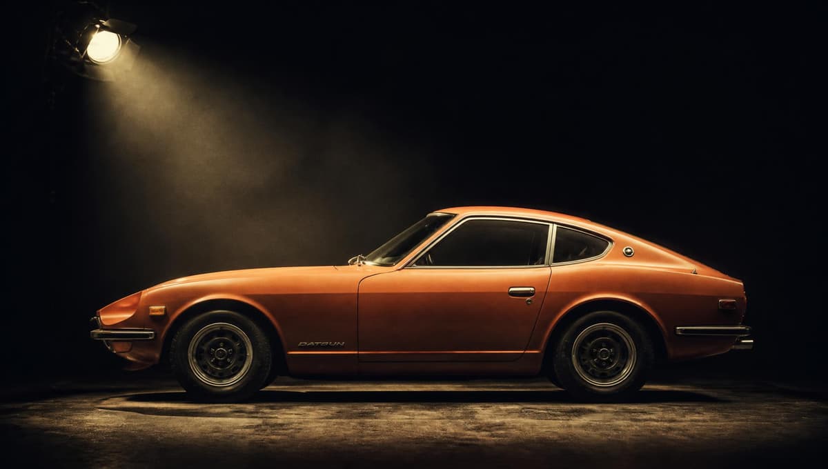 A classic coupe under a film studio spotlight, waiting to be cast