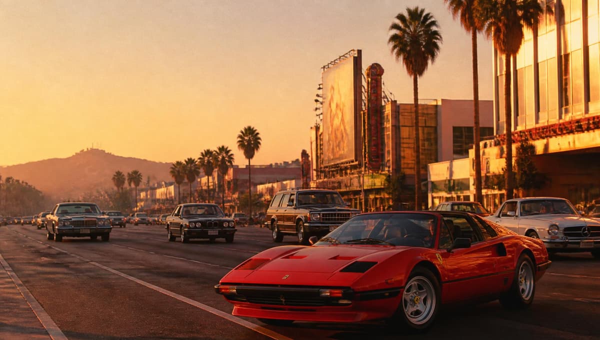 A red Ferrari 308 on Sunset Boulevard at golden hour in Los Angeles, 1985