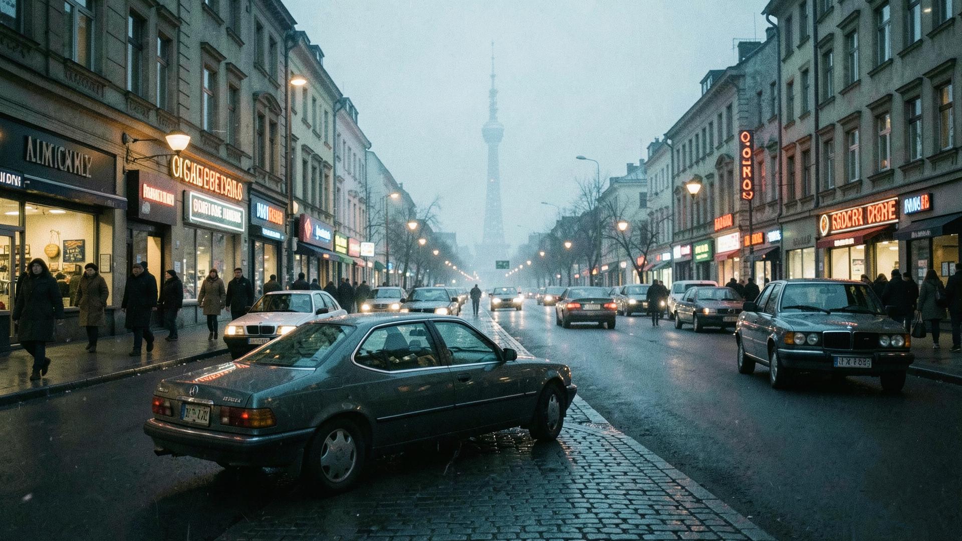 A Mercedes-Benz sedan on a rain-wet Berlin boulevard at dusk in 1983, the TV tower in the mist