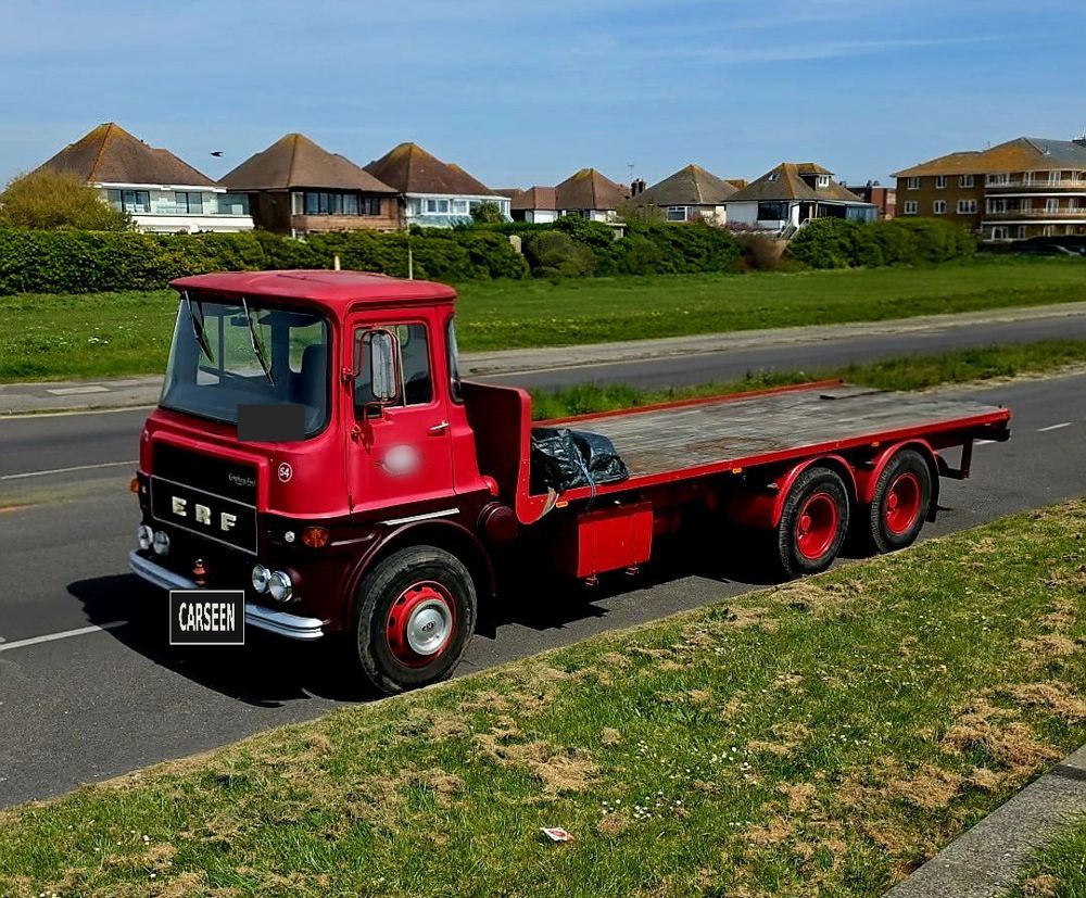 1972 ERF A-Series six-wheel flatbed lorry in red, side three-quarter view